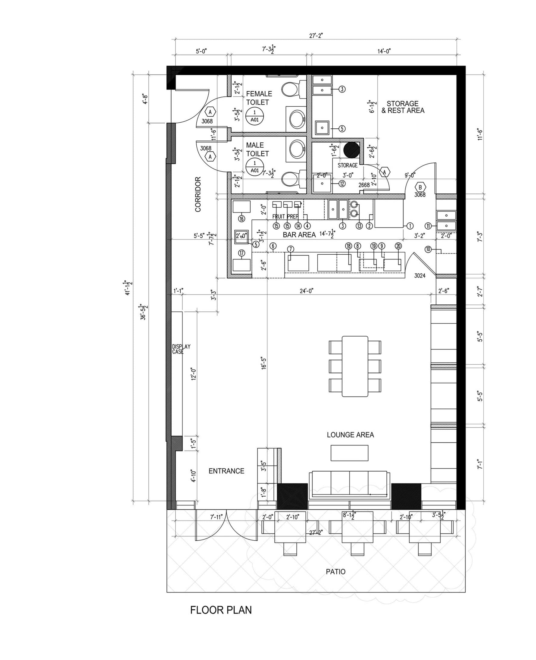 Commercial floor plan for the Royal Oak Teahouse tenant improvement, showing the bar, lounge, and service areas